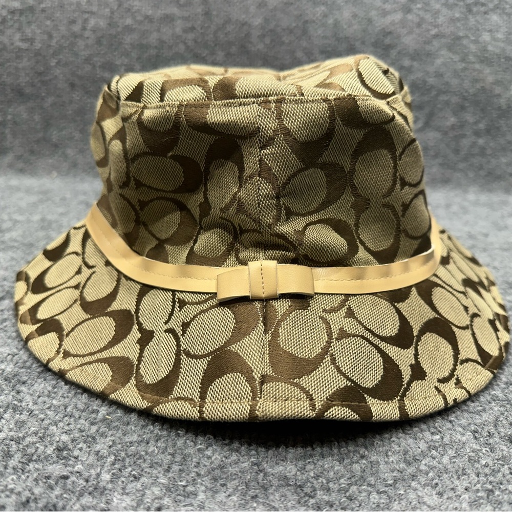 Coach Brown & Tan Monogram Bucket Hat with Bow Trim T0066
